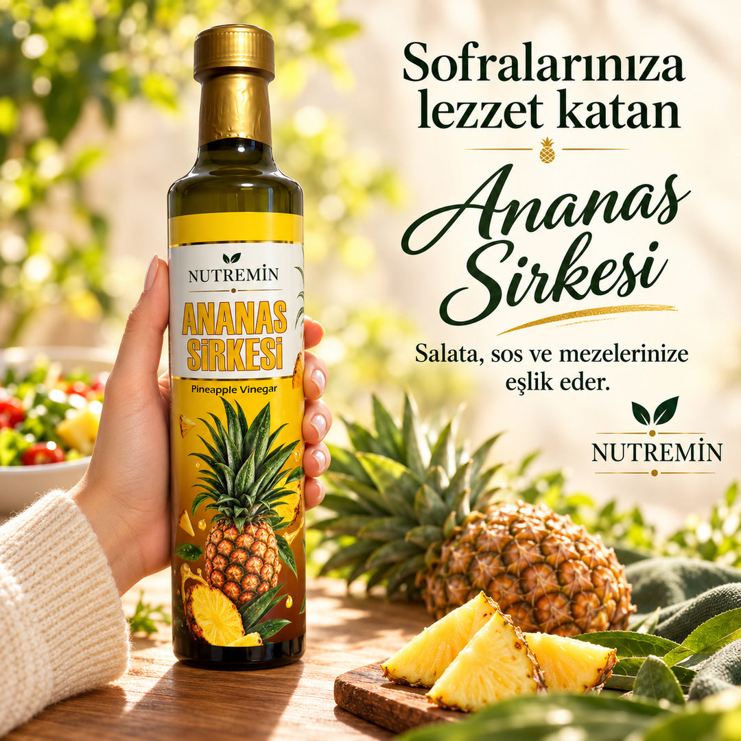 Nutremin Ananas Sirkesi 500 ml, elde tutulan şişe ve ananaslarla hazırlanmış tanıtım görseli