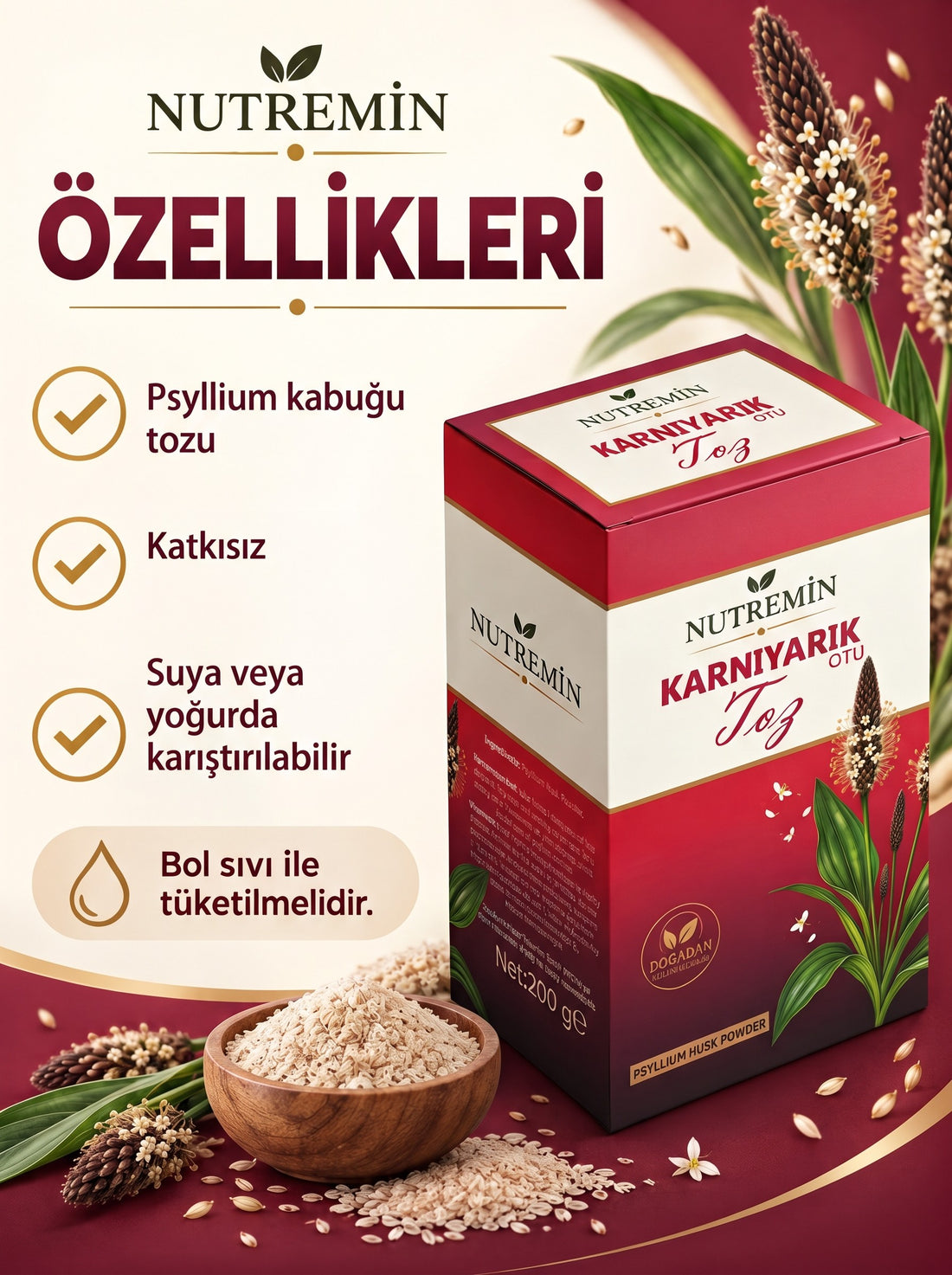 Nutremin Karnıyarık Otu Tozu (Psyllium) 200 gr, paket ve ahşap kasede toz içeren bilgi görseli
