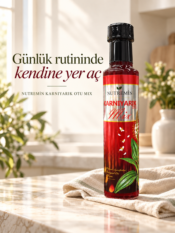 Nutremin Karnıyarıkotu Mix 250 ml, mermer tezgâhta bez üzerinde duran şişe