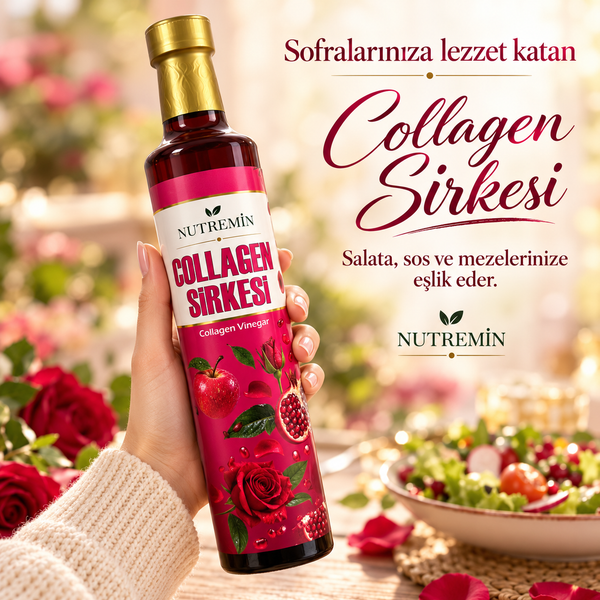 Nutremin Collagen Sirkesi 500 ml, elde tutulan şişe ve salata eşliğinde tanıtım görseli