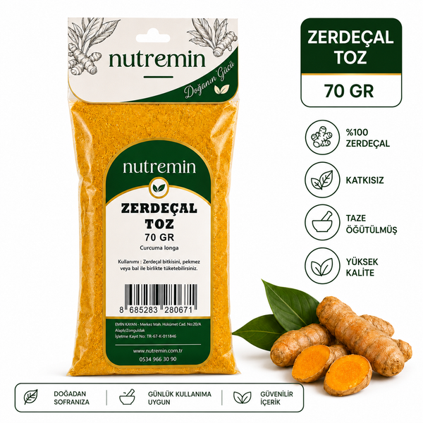 Nutremin Zerdeçal Toz 70 gr, ürün paketi, zerdeçal kökleri ve simgeler içeren tanıtım görseli