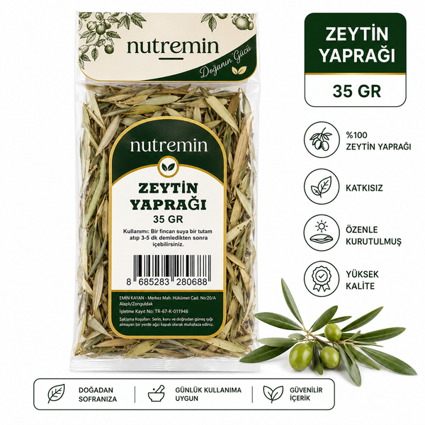Nutremin Zeytin Yaprağı 35 gr, şeffaf paket, zeytin dalı ve ürün özelliklerini gösteren simgeler