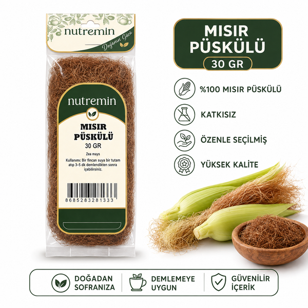 Nutremin Mısır Püskülü 30 gr, ürün paketi, mısır koçanları ve ahşap kasede mısır püskülü