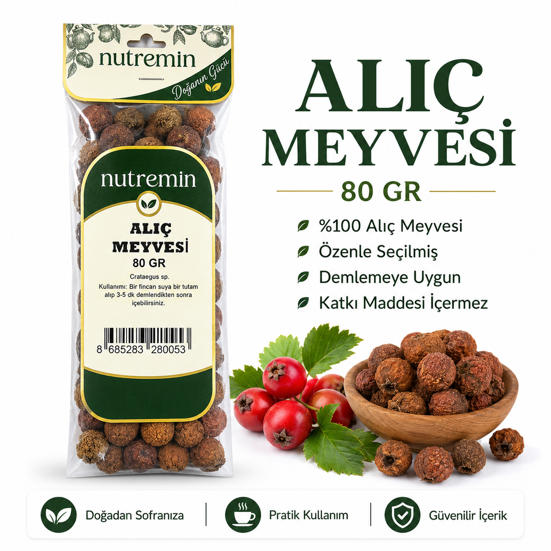 Nutremin Alıç Meyvesi 80 gr, ürün paketi, ahşap kasede kuru alıçlar ve taze alıç meyveleri.