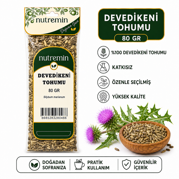 Nutremin Devedikeni Tohumu 80 gr, paket, tohum dolu ahşap kase ve mor çiçekli devedikeni bitkisi.
