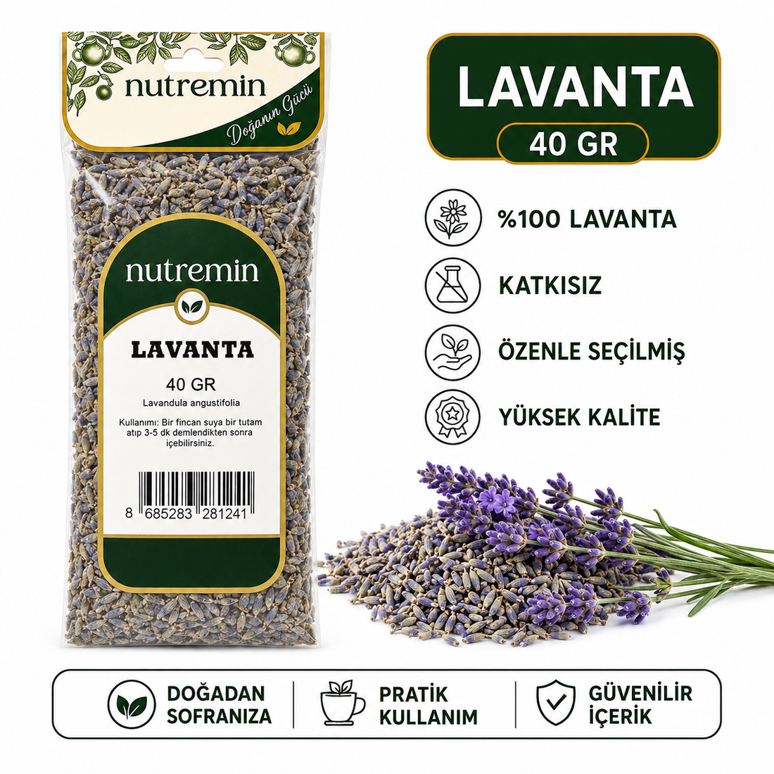 Nutremin Lavanta 40 gr, şeffaf paket, kurutulmuş lavanta yığını ve mor lavanta dalları