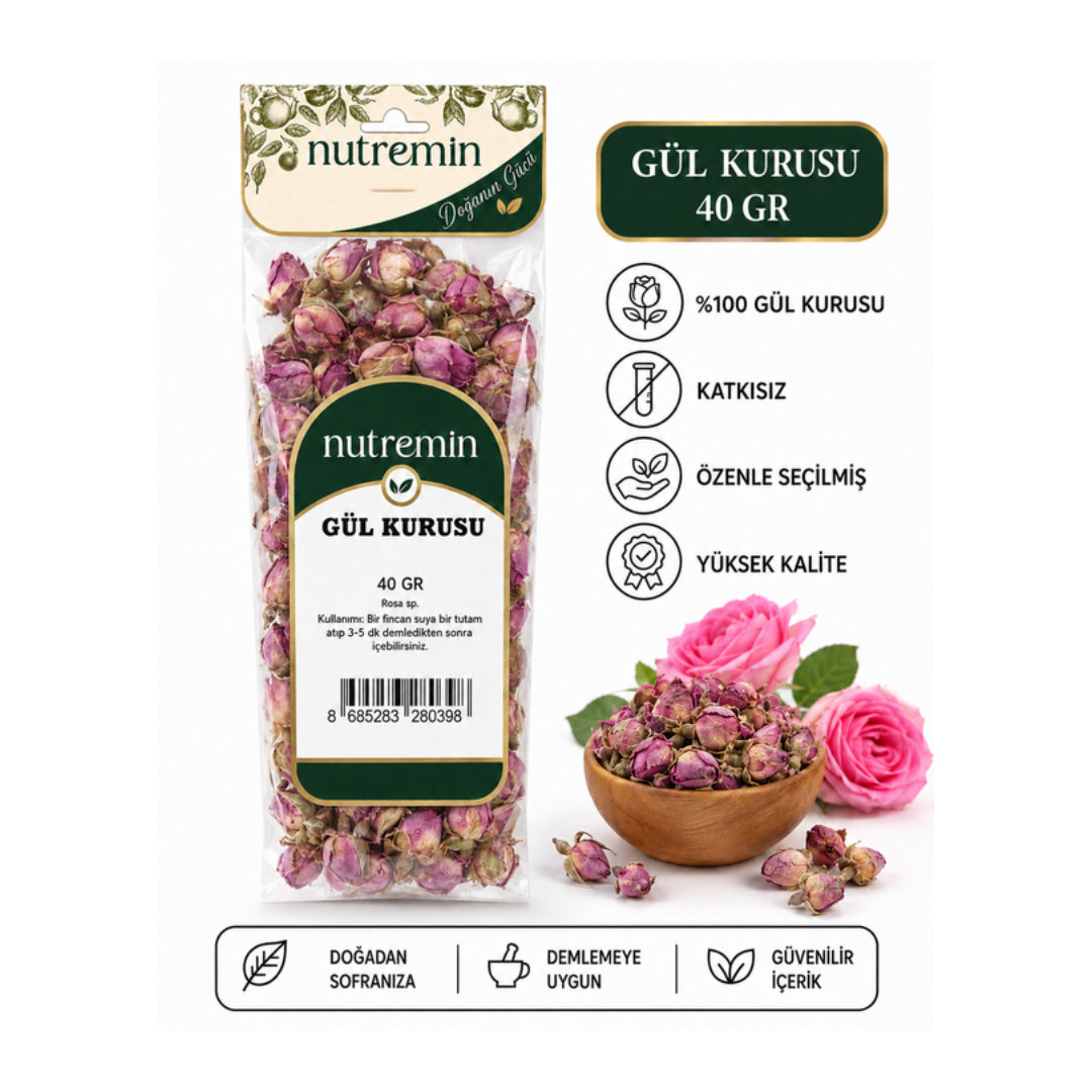 Nutremin Gül Kurusu 40 gr paket, gül tomurcukları dolu ahşap kase ve simgelerle hazırlanmış bilgi görseli