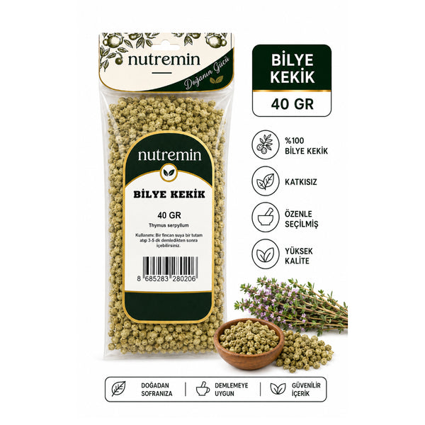Nutremin Bilye Kekik 40 gr, şeffaf ürün paketi, ahşap kase ve çiçekli kekik dalları