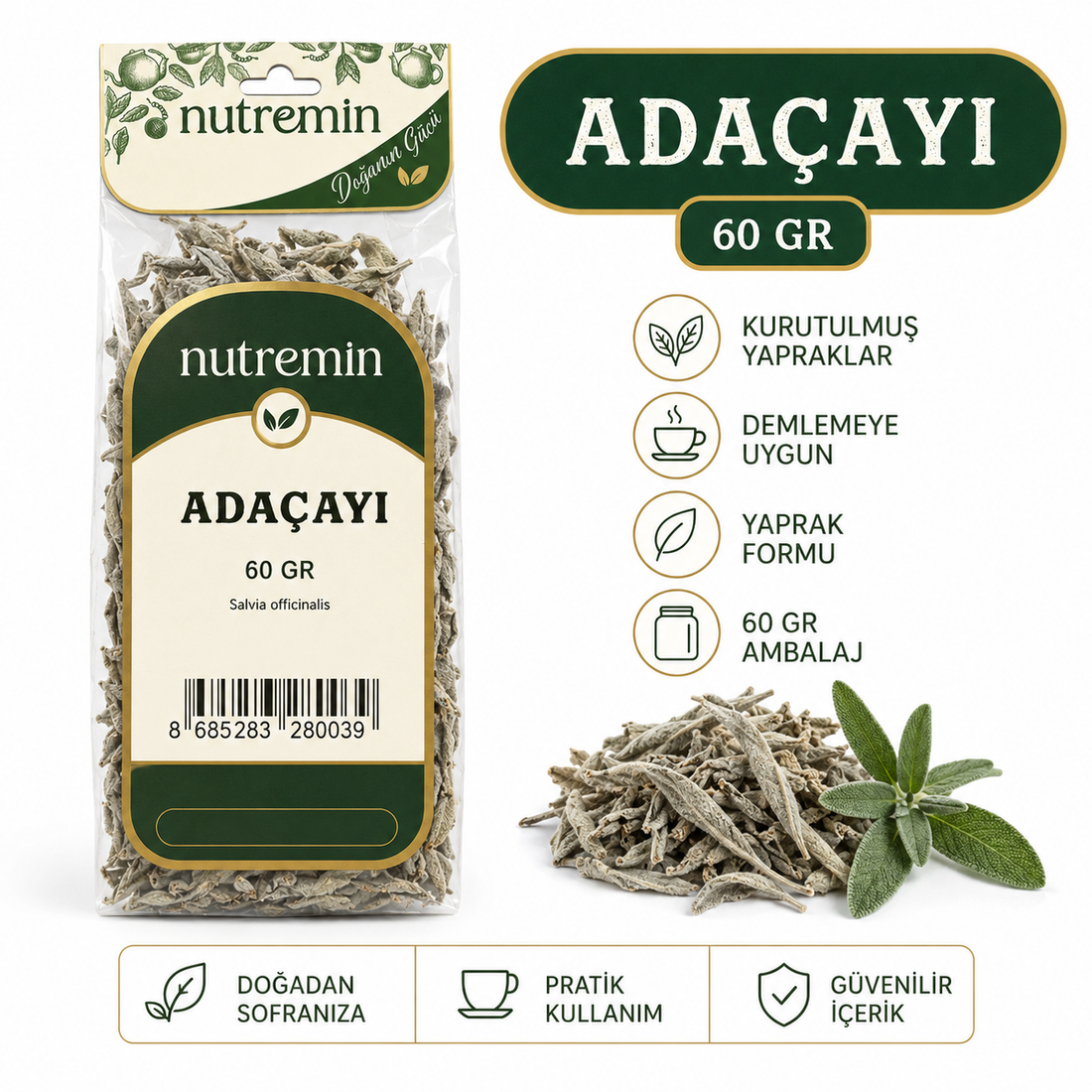 Nutremin Adaçayı 60 gr, paket, kuru yapraklar ve ürün özelliklerini simgelerle gösteren bilgi görseli.