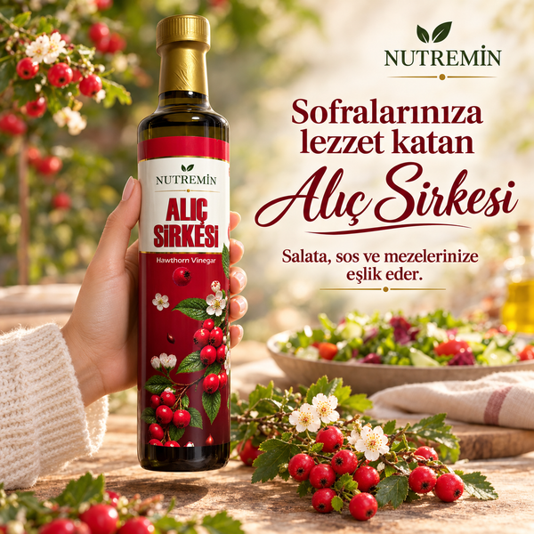 Nutremin Alıç Sirkesi 500 ml, elde tutulan şişe, alıç dalları ve salata kasesi