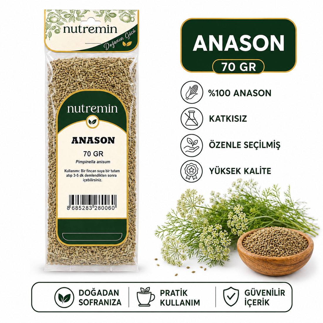 Nutremin Anason 70 gr, ürün paketi, ahşap kasede anason taneleri ve çiçekli bitki dalları