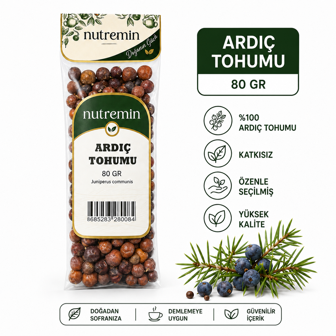 Nutremin Ardıç Tohumu 80 gr paket, ardıç dalı ve simgeler içeren bilgi görseli