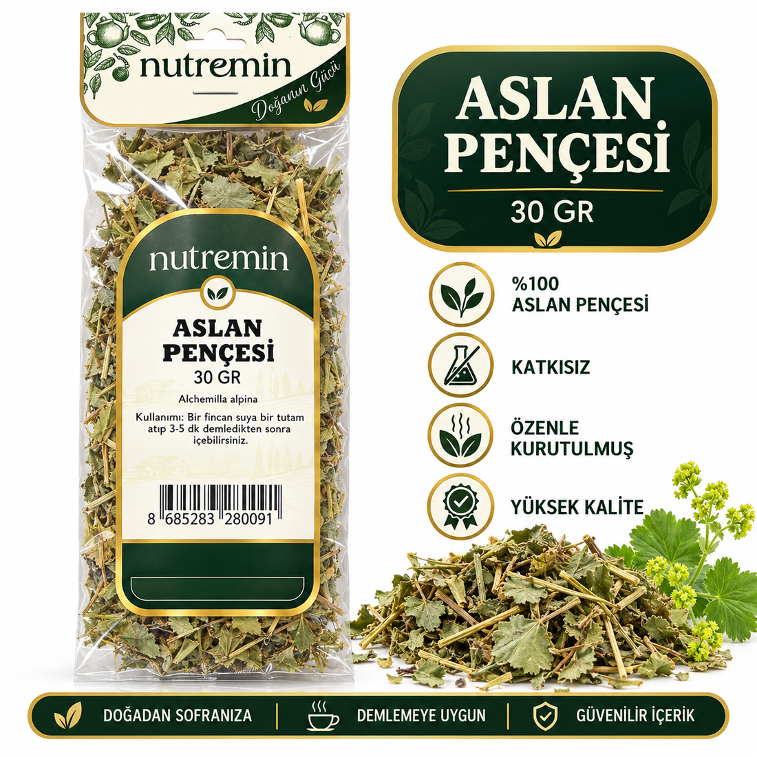 Nutremin Aslan Pençesi 30 gr paket, kurutulmuş bitki yığını ve simgeler içeren bilgi görseli