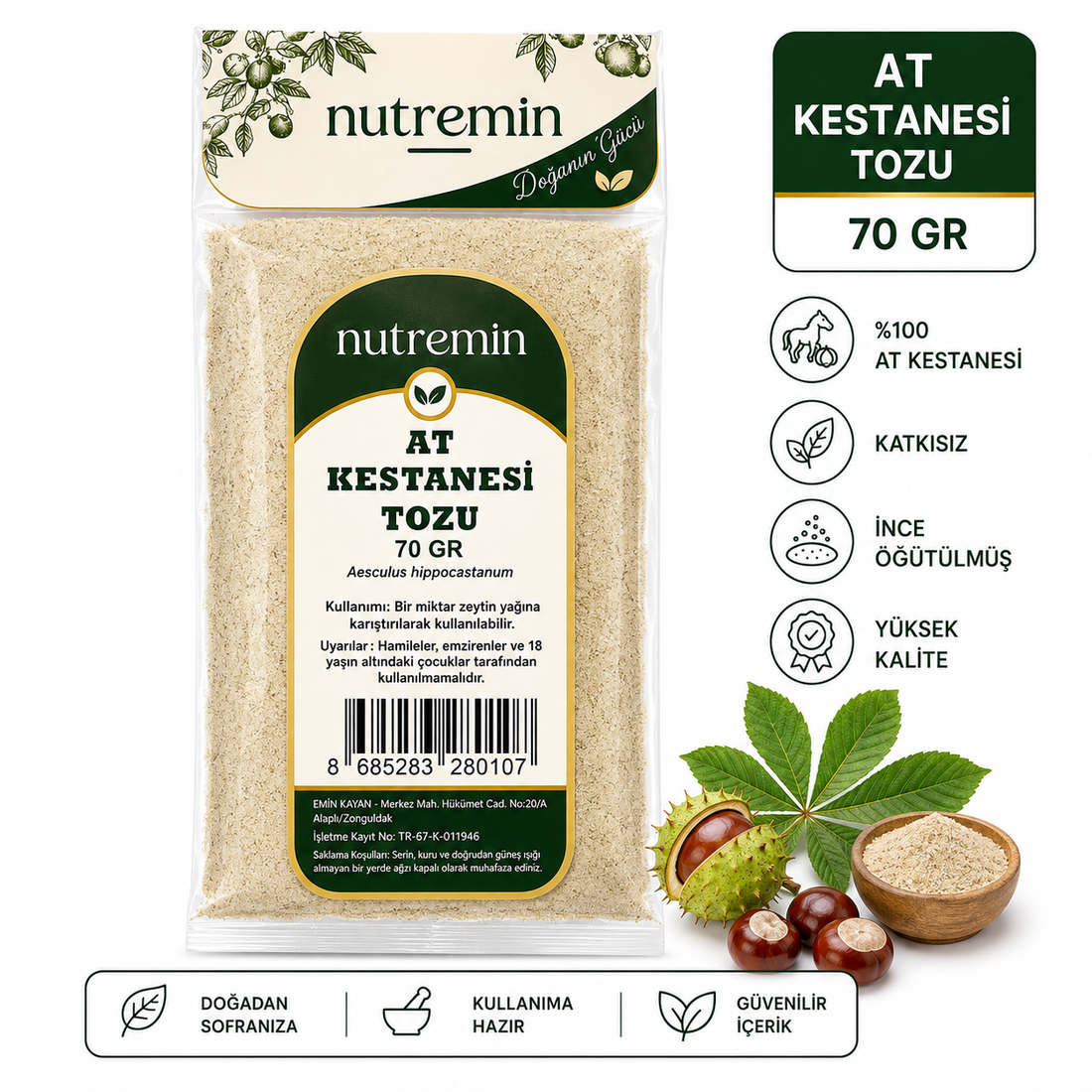 Nutremin At Kestanesi Tozu 70 gr paketi, yanında at kestaneleri, yapraklar ve ahşap kasede toz