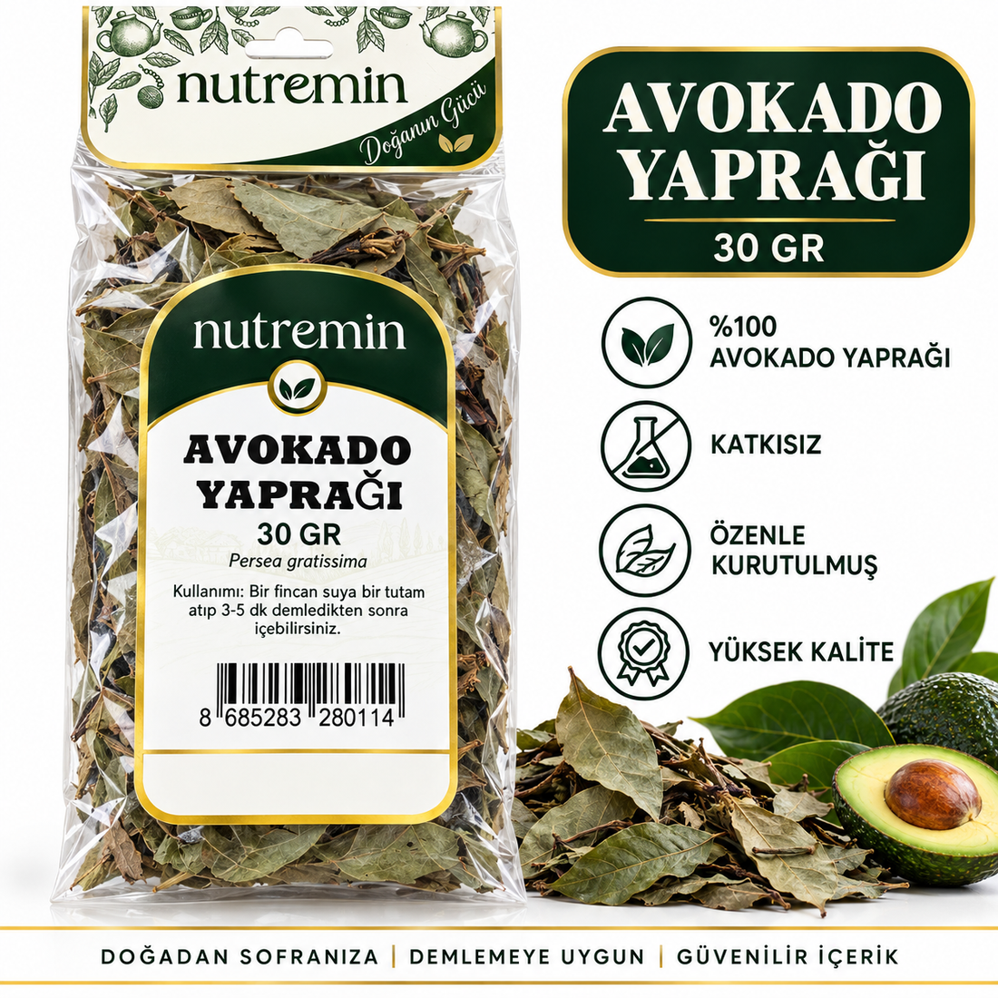 Nutremin Avokado Yaprağı 30 gr, şeffaf paket yanında kuru yapraklar ve yarım avokado.