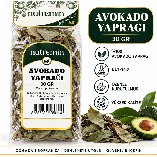 Nutremin Avokado Yaprağı 30 gr, şeffaf paket yanında kuru yapraklar ve yarım avokado.