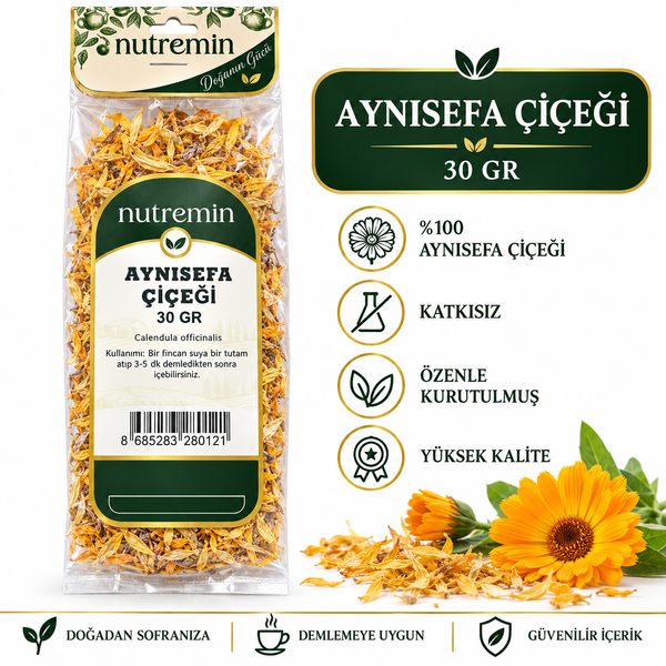 Nutremin Aynısefa Çiçeği 30 gr, paket, sarı çiçekler ve ürün özelliklerini gösteren bilgi görseli.