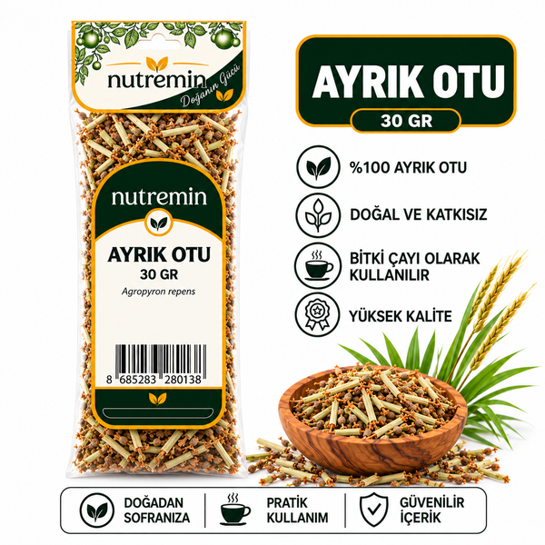 Nutremin Ayrık Otu 30 gr, beyaz fonda paket, kuru bitki dolu ahşap kase ve simgeli bilgi görseli.