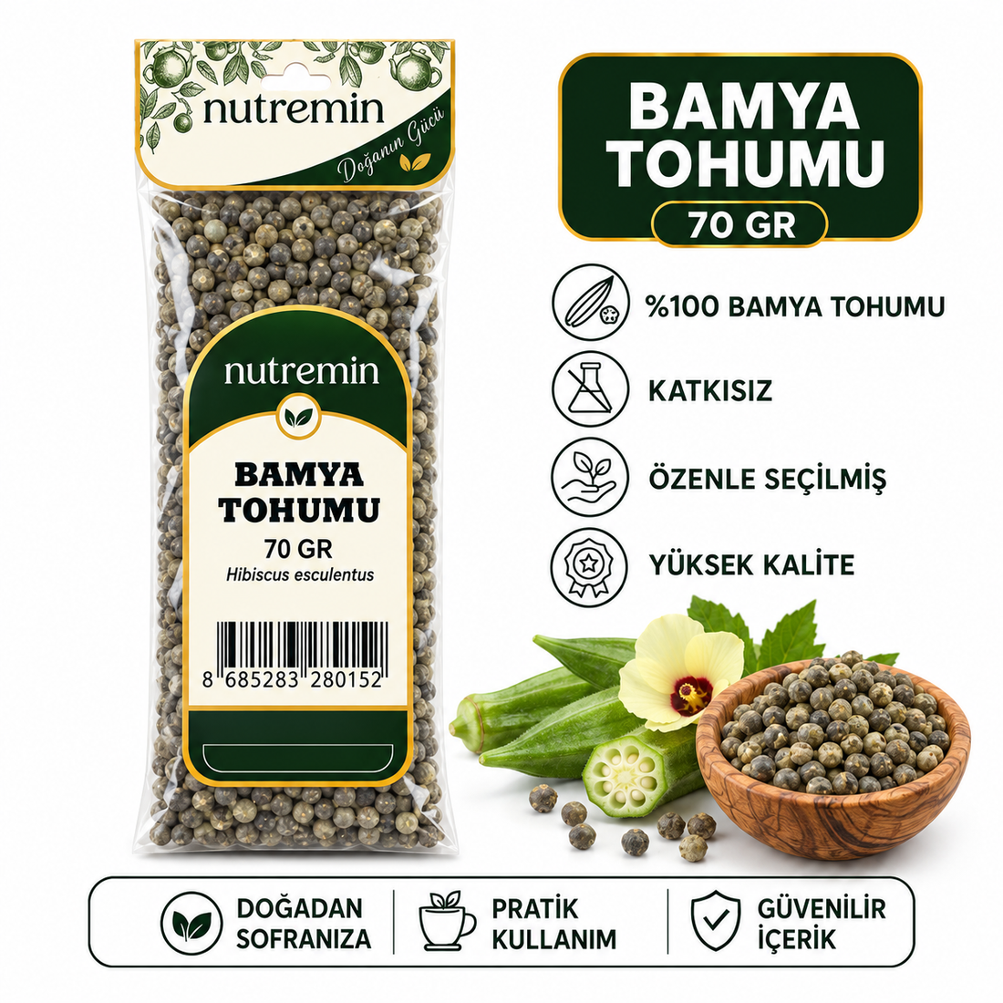 Nutremin Bamya Tohumu 70 gr, paket, tohum dolu ahşap kase, bamya ve çiçek içeren ürün görseli.