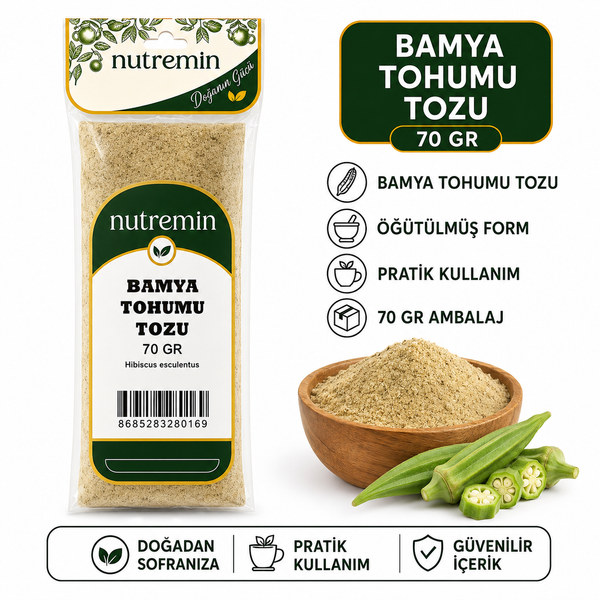 Nutremin Bamya Tohumu Tozu 70 gr, paket yanında ahşap kasede toz ve taze bamya