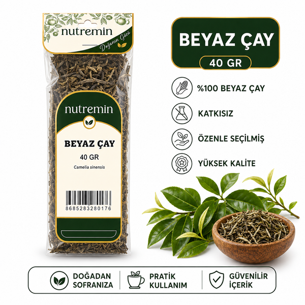 Nutremin Beyaz Çay 40 gr paketinin yanında çay yaprakları, ahşap kase ve simgeler bulunan bilgi görseli.