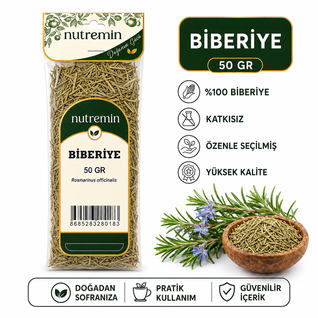 Nutremin Biberiye 50 gr, ürün paketi, kuru biberiye dolu ahşap kase ve çiçekli biberiye dalları.
