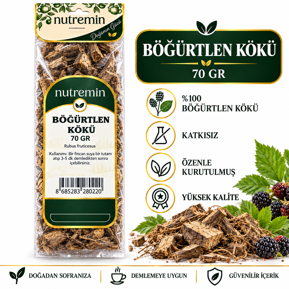 Nutremin Böğürtlen Kökü 70 gr, paket, kuru kök parçaları ve böğürtlenlerle hazırlanmış bilgi görseli.