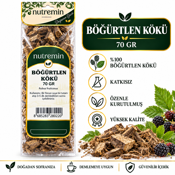 Nutremin Böğürtlen Kökü 70 gr, paket, kuru kök parçaları ve böğürtlenlerle hazırlanmış bilgi görseli.