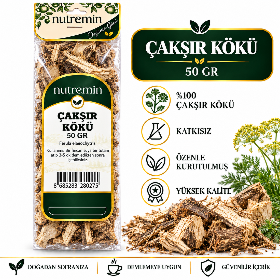 Nutremin Çakşır Kökü 50 gr, paket, kök parçaları, çiçekli bitki ve simgeler içeren bilgi görseli.