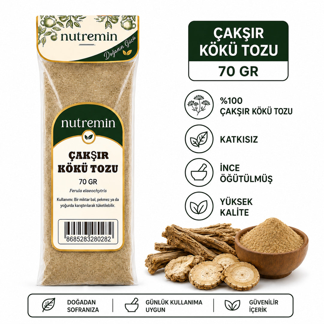 Nutremin Çakşır Kökü Tozu 70 gr paket, ahşap kasede toz ve kök parçalarıyla bilgi görseli