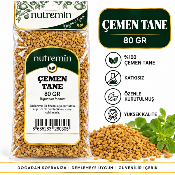 Nutremin Çemen Tane 80 gr, paket yanında çemen taneleri, yeşil yapraklar ve simgeli bilgi görseli.