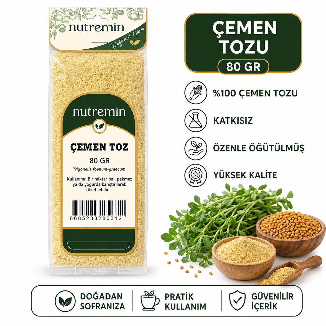 Nutremin Çemen Toz 80 gr paket, toz ve tohum kaseleri ile simgelerin yer aldığı bilgi görseli