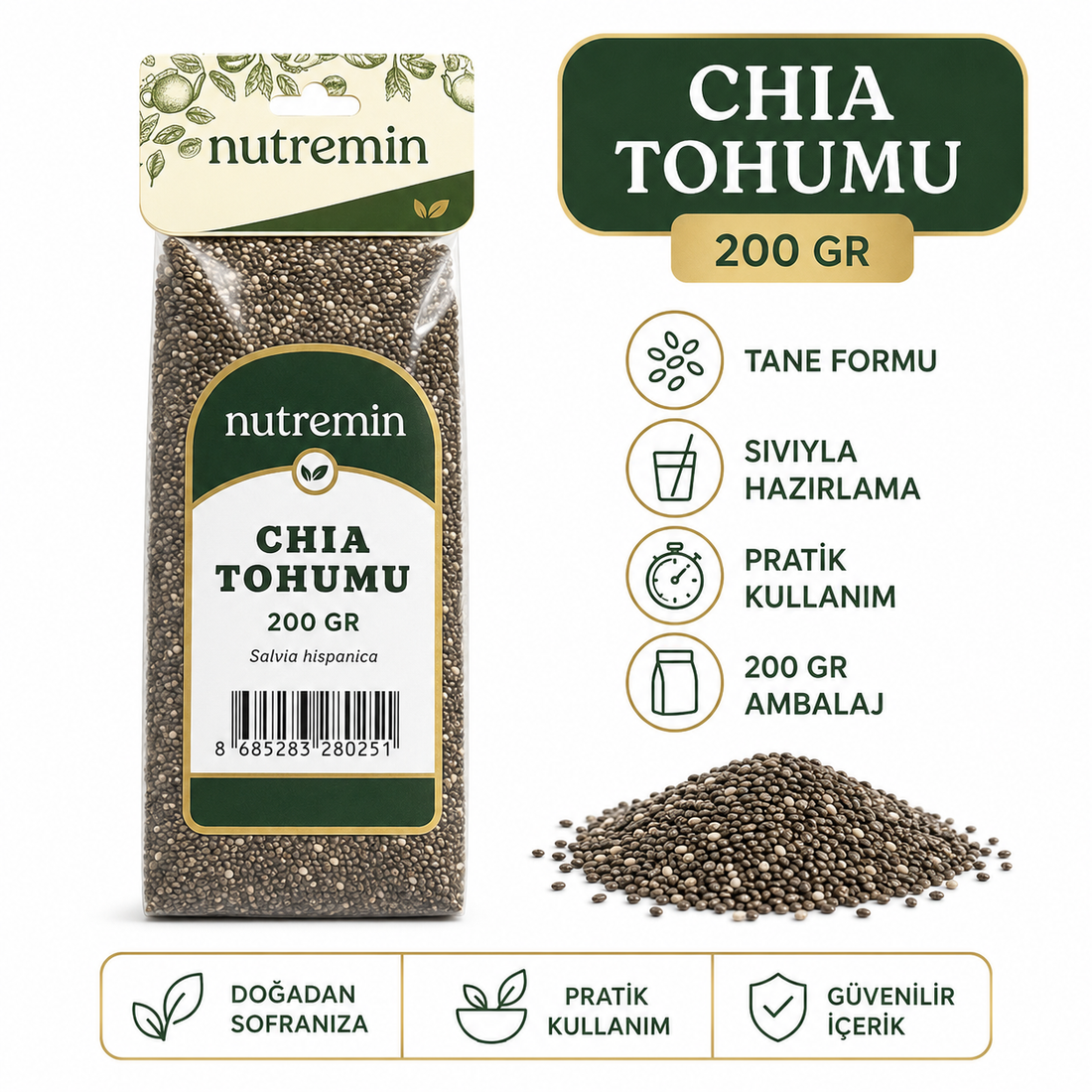 Nutremin Chia Tohumu 200 gr paket, chia tohumu yığını ve simgeler içeren bilgi görseli