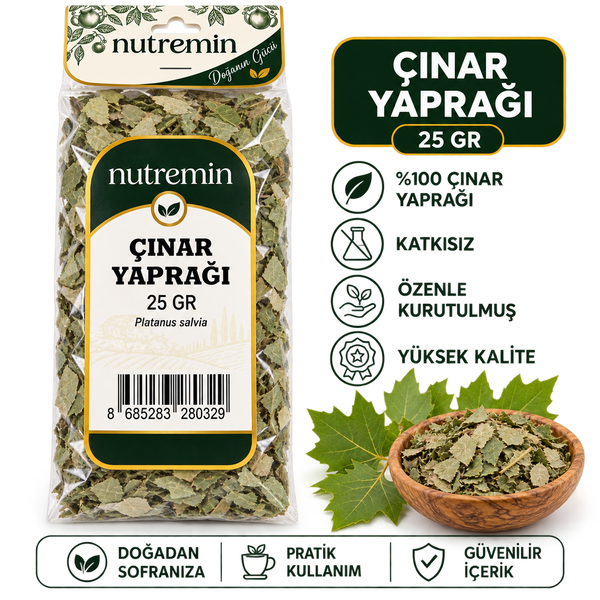 Nutremin Çınar Yaprağı 25 gr, paket ve ahşap kasede kuru yaprakların yer aldığı bilgi görseli.