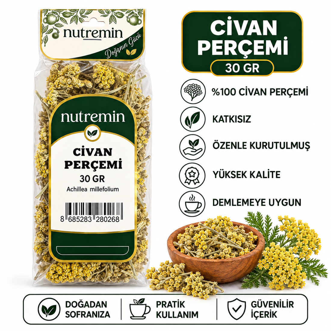 Nutremin Civanperçemi 30 gr, paket, kuru bitki dolu ahşap kase ve simgeli bilgi görseli.