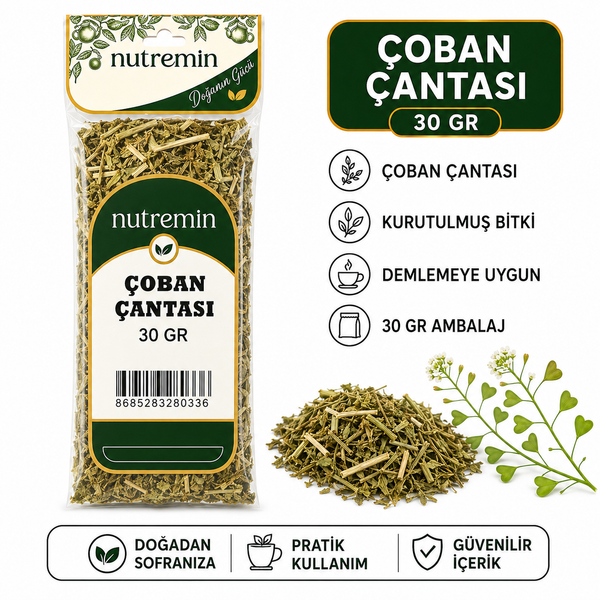 Nutremin Çobançantası 30 gr, şeffaf paket, kurutulmuş bitki yığını ve çiçekli bitki dalları