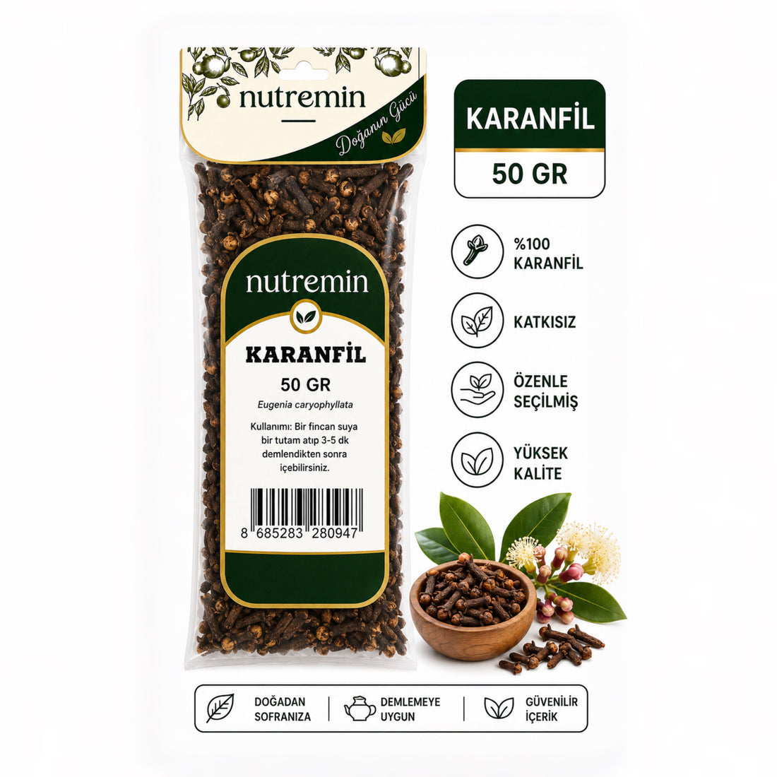 Nutremin Karanfil 50 gr, şeffaf ürün paketi, karanfil dolu ahşap kase ve bitki dalları