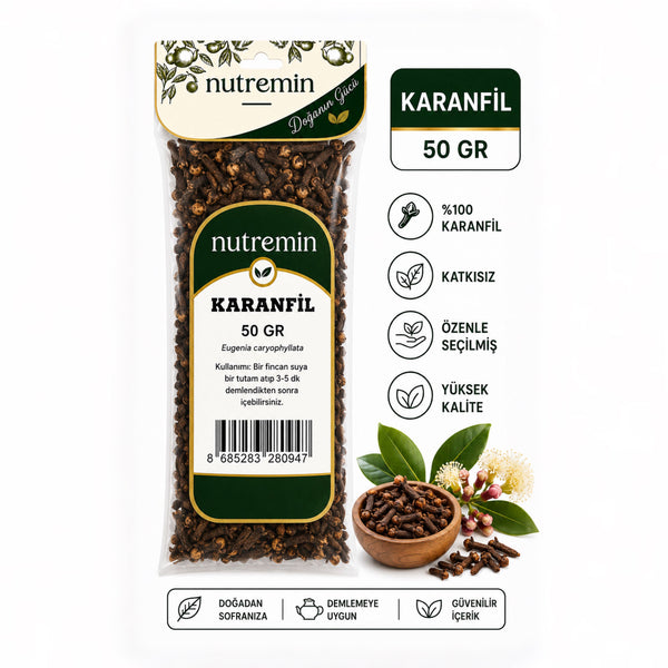 Nutremin Karanfil 50 gr, şeffaf ürün paketi, karanfil dolu ahşap kase ve bitki dalları