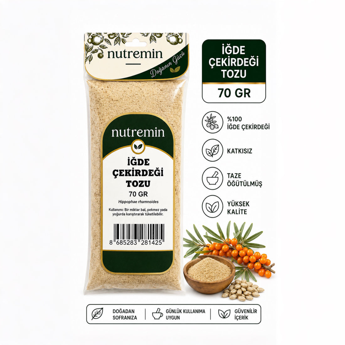 Nutremin İğde Çekirdeği Tozu 70 gr, şeffaf paket, ahşap kasede toz ve turuncu meyveli dallar