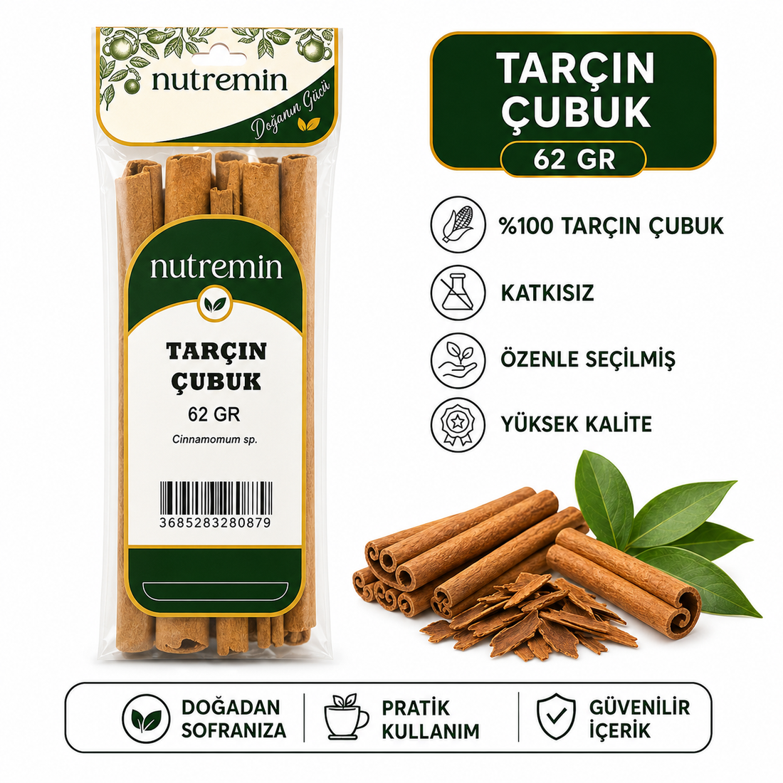Nutremin Tarçın Çubuk 62 gr paketi, tarçın çubukları ve yeşil yapraklarla hazırlanmış ürün görseli.