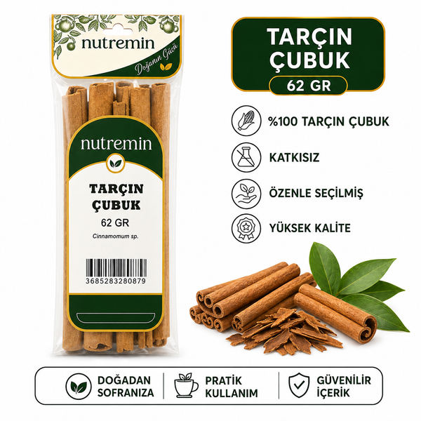 Nutremin Tarçın Çubuk 62 gr paketi, tarçın çubukları ve yeşil yapraklarla hazırlanmış ürün görseli.