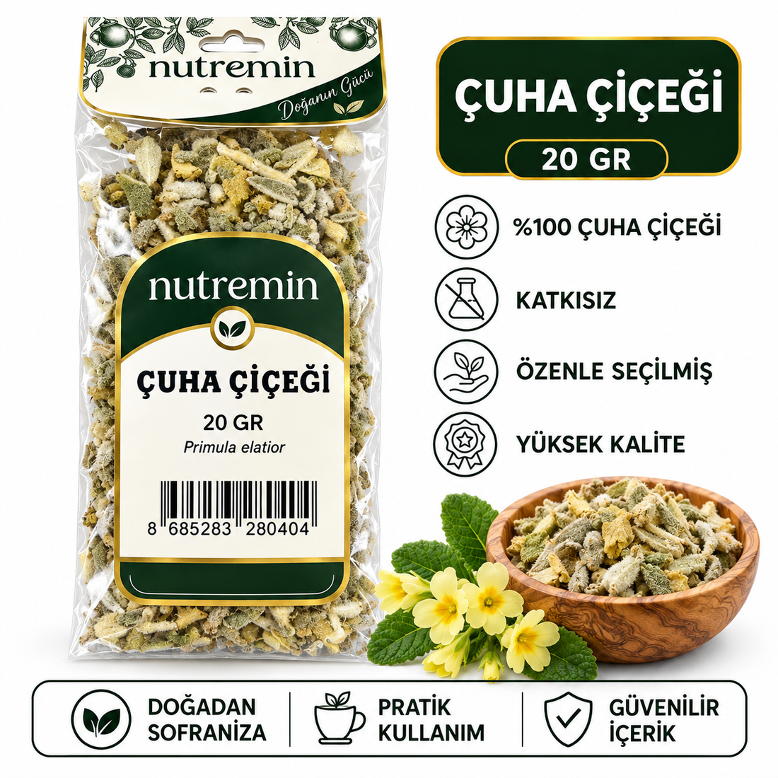Nutremin Çuhaçiçeği 20 gr, paket, kurutulmuş bitki dolu ahşap kase ve sarı çiçeklerle ürün görseli.