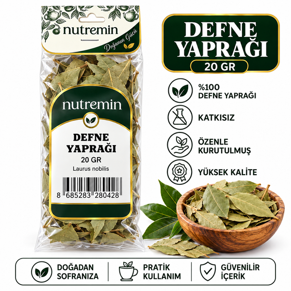 Nutremin Defne Yaprağı 20 gr, paket, ahşap kasede kuru yapraklar ve simgeler içeren bilgi görseli