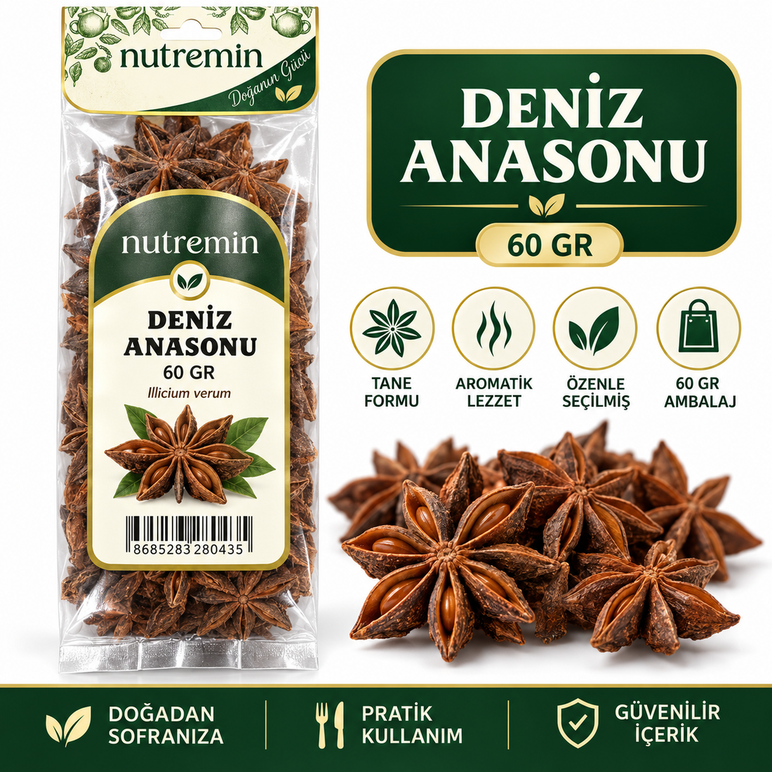 Nutremin Deniz Anasonu 60 gr, paket, yıldız biçimli taneler ve simgeler içeren ürün görseli.