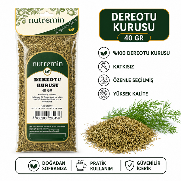 Nutremin Dereotu Kurusu 40 gr, paket, kuru dereotu yığını ve yeşil dereotu dalları