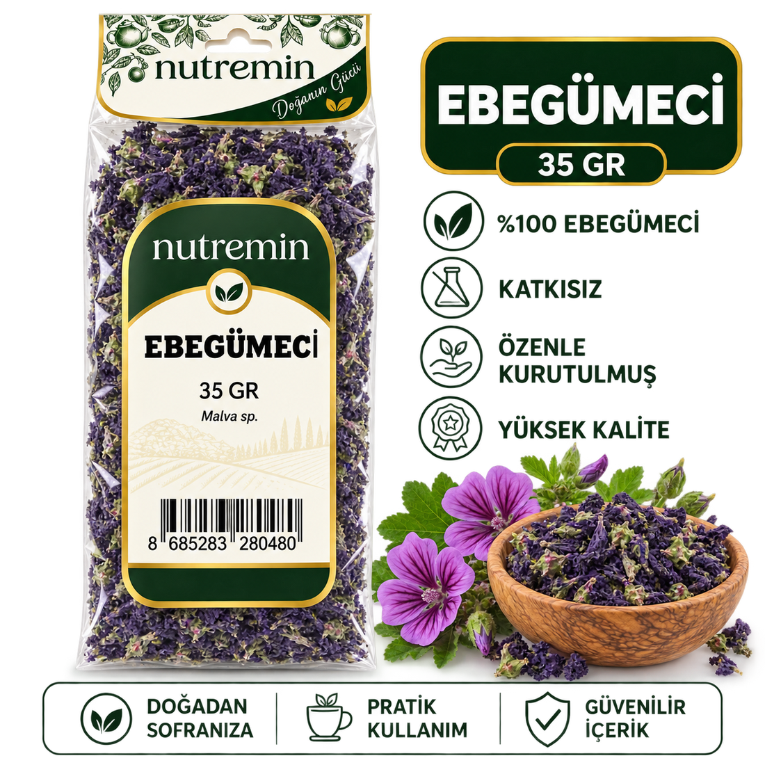 Nutremin Ebegümeci 35 gr paketinin yanında kurutulmuş çiçek dolu ahşap kase ve mor çiçekler