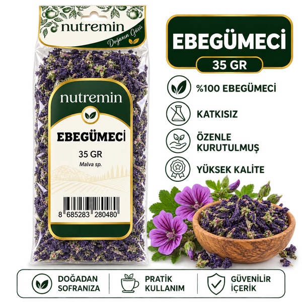 Nutremin Ebegümeci 35 gr paketinin yanında kurutulmuş çiçek dolu ahşap kase ve mor çiçekler
