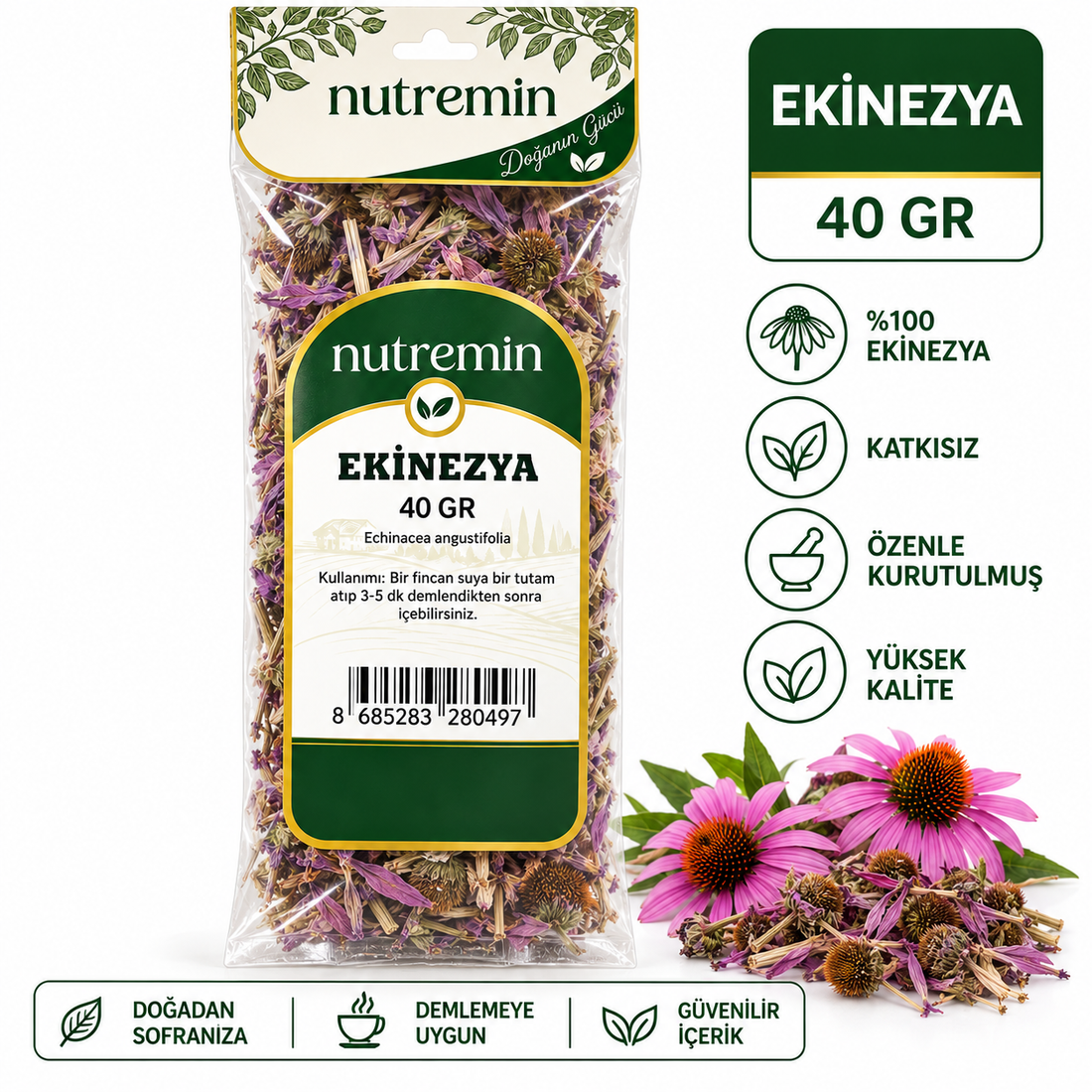 Nutremin Ekinezya 40 gr şeffaf paketi, kurutulmuş bitki parçaları ve pembe çiçeklerle bilgi görseli