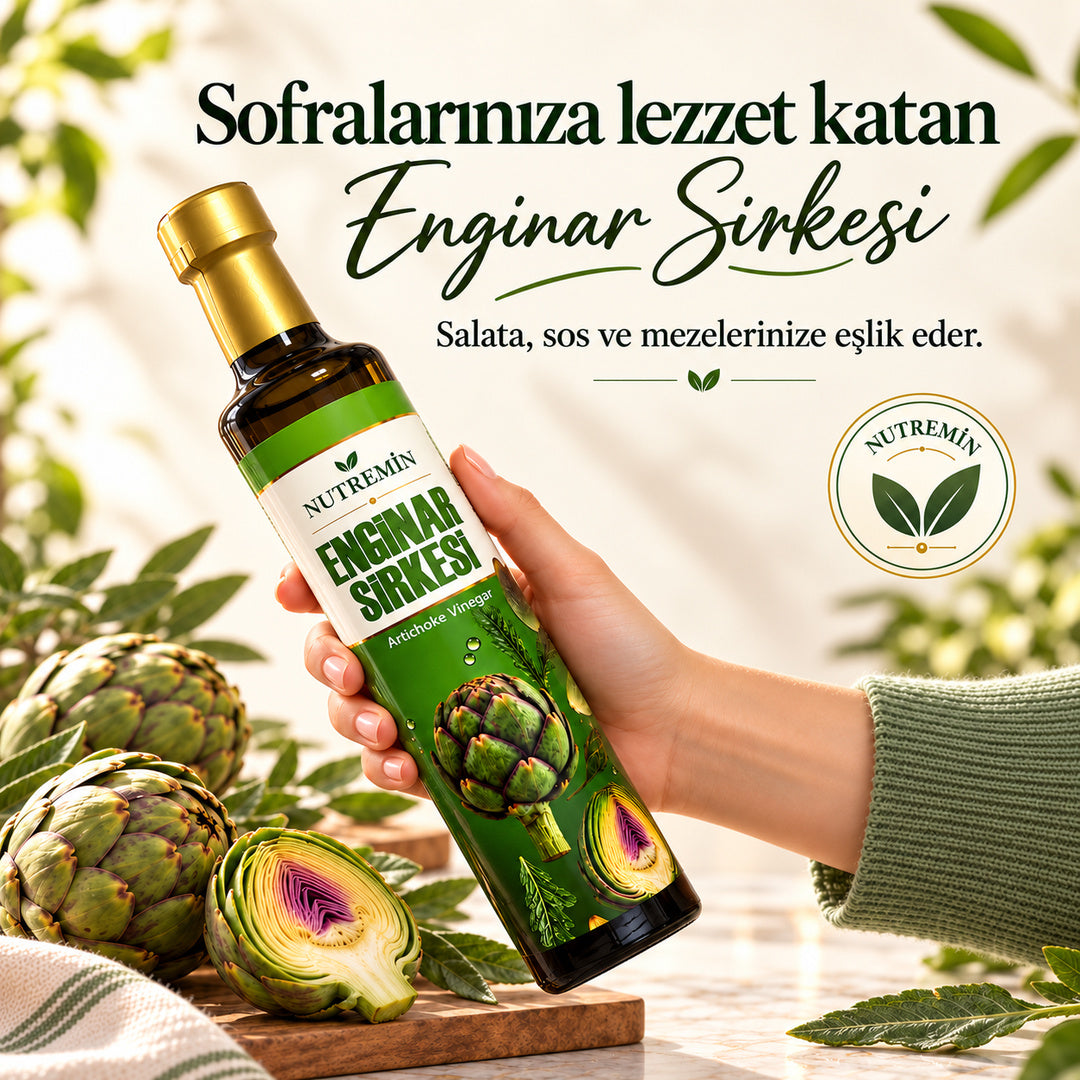 Nutremin Enginar Sirkesi 500 ml, enginarların yanında elde tutulan şişe ve tanıtım görseli