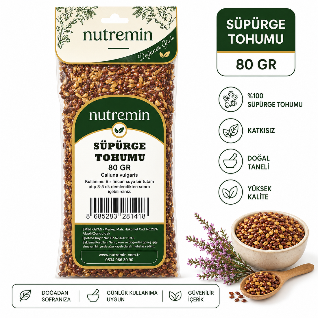 Nutremin Süpürge Tohumu 80 gr paketi, tohum dolu kase ve tahta kaşıkla ürün bilgi görseli